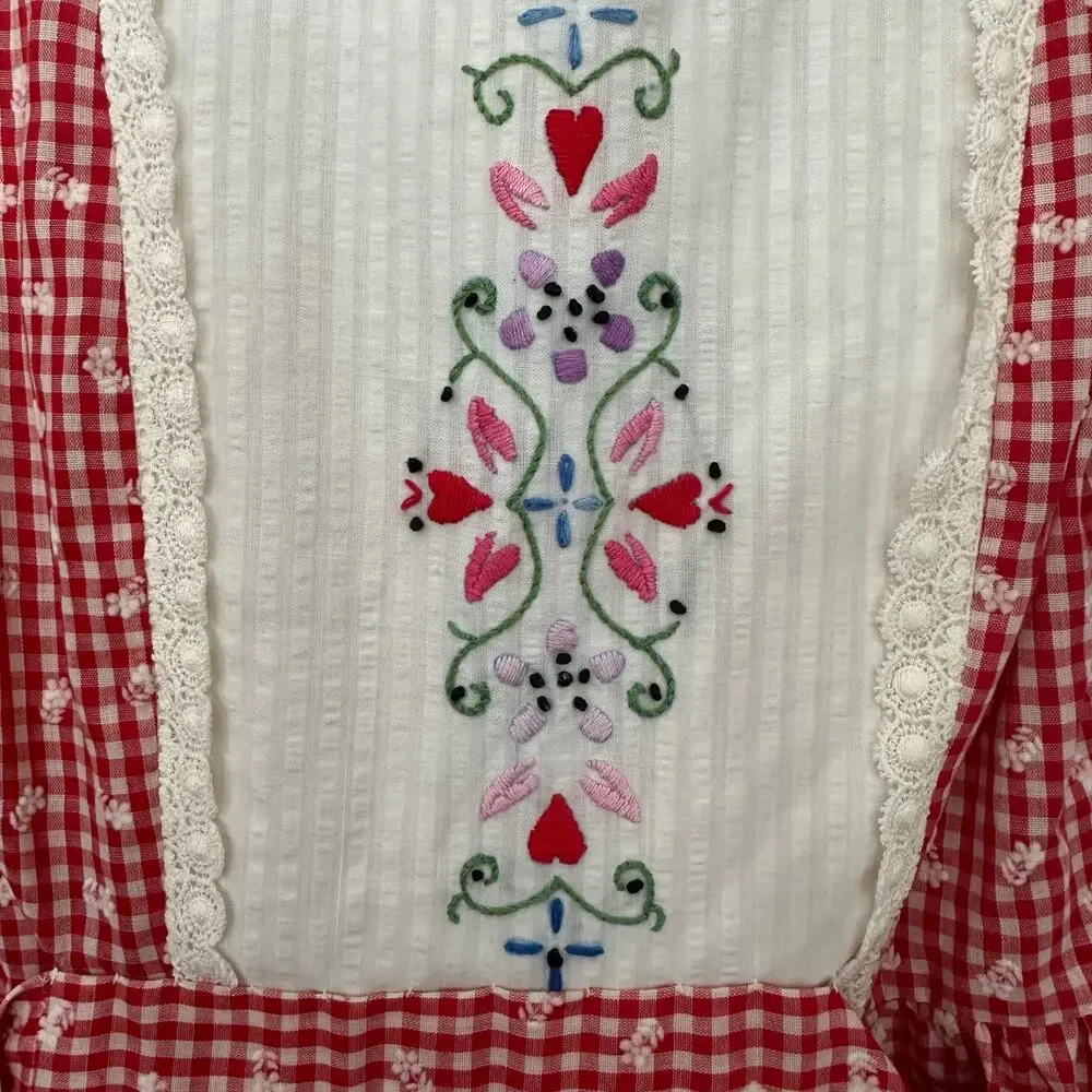 Vintage Girls Handmade Dress 70s Red White Gingham Embroidered‎ Apron Front Tie